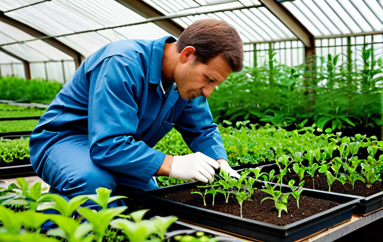 Cultivation Technician**

"A skilled cultivation technician in a greenhouse, surrounded by lush, healthy plants, fully clothed in work attire, examining a plant seedling with a magnifying glass, perfect anatomy, correct proportions, natural pose, soft natural lighting, professional quality, safe for work, appropriate content, fully clothed, family-friendly."

**