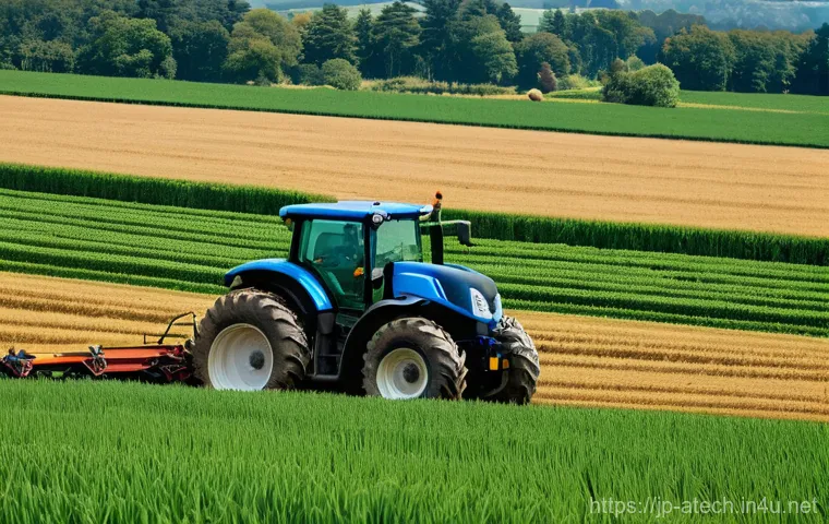 농업기술 현장에서의 안전 관리 - **Prompt 1: The Quiet Giant and Vigilant Farmer**
    "A wide-angle shot of a cutting-edge, autonomo...