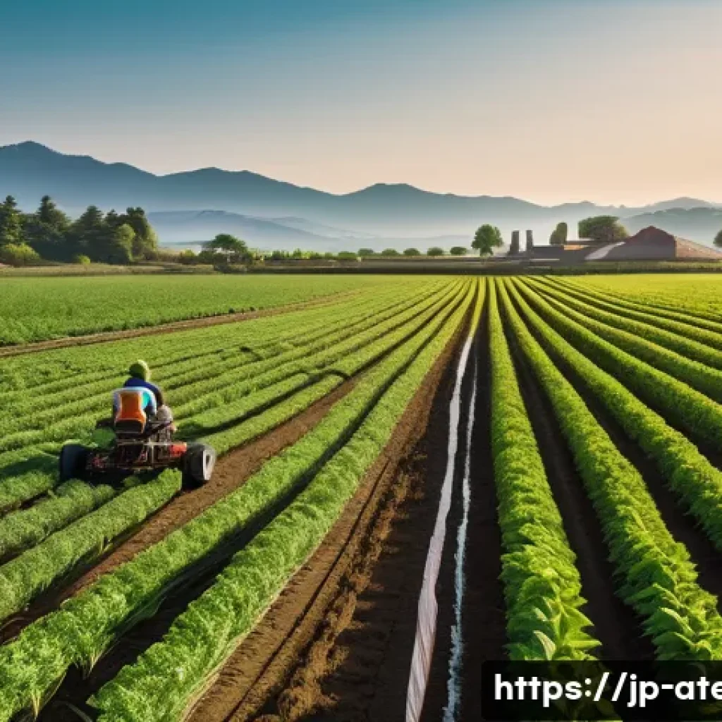 농업기술과 기후변화 대응 전략 - A modern Japanese smart farm scene during early morning with soft natural light, featuring a farmer ...