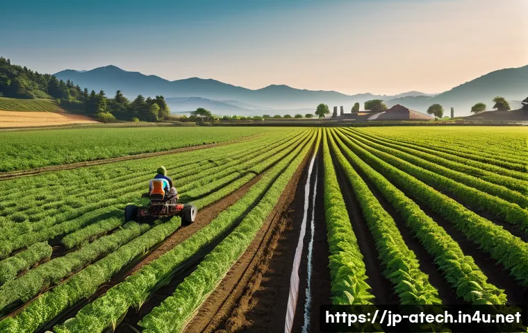 농업기술과 기후변화 대응 전략 - A modern Japanese smart farm scene during early morning with soft natural light, featuring a farmer ...