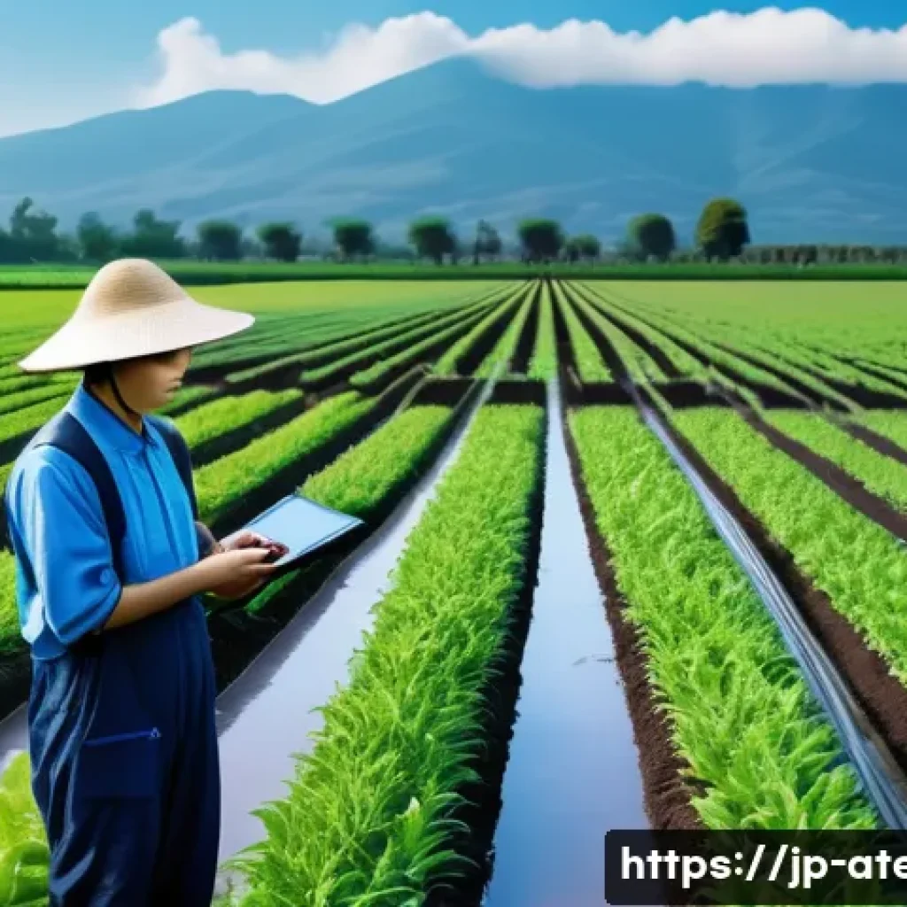 농업기술 전문가와 농민의 협력 사례 - A modern Japanese smart farm scene during summer, featuring a farmer wearing practical work clothes ...