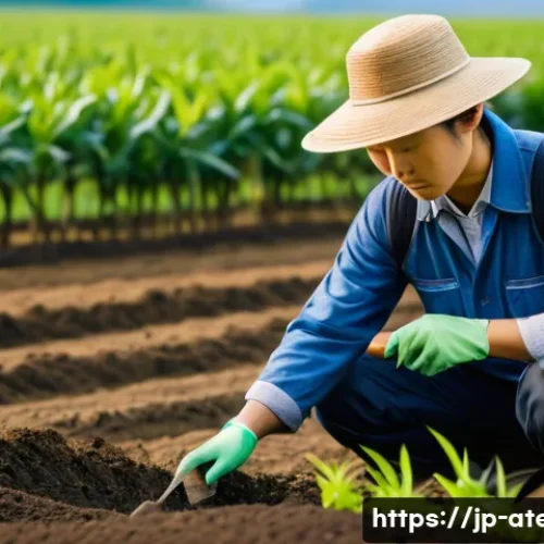 농업기술자의 하루 일과 - A modern Japanese farm scene in early morning light, featuring a skilled agricultural technician wea...