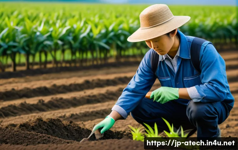 농업기술자의 하루 일과 - A modern Japanese farm scene in early morning light, featuring a skilled agricultural technician wea...