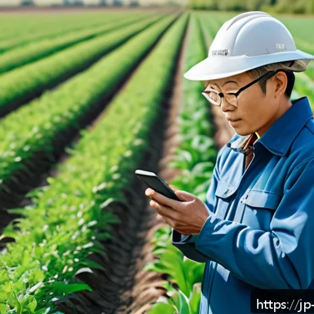 농업기술 분야 창업 아이디어 - A modern Japanese smart farm scene during daytime, showcasing a farmer using a smartphone to monitor...