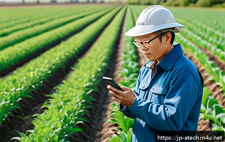 농업기술 분야 창업 아이디어 - A modern Japanese smart farm scene during daytime, showcasing a farmer using a smartphone to monitor...