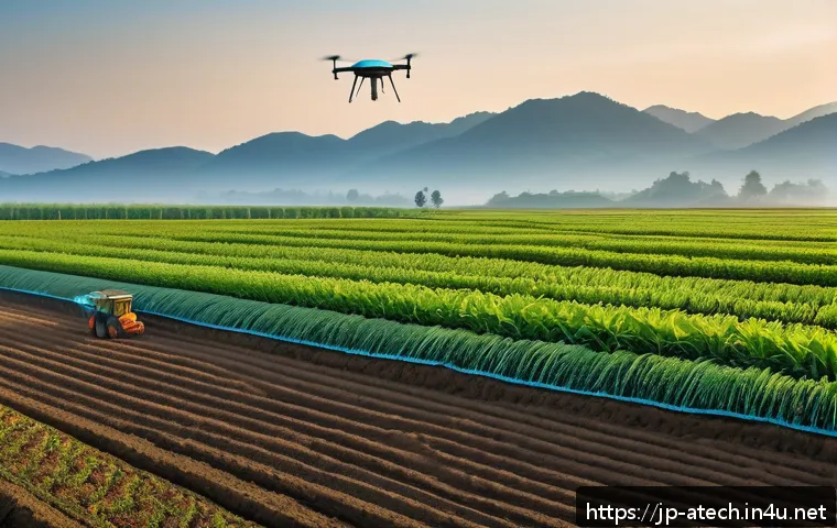 농업기술 이론과 실무 차이점 - A modern Japanese smart farm scene during early morning light, featuring a farmer wearing casual wor...