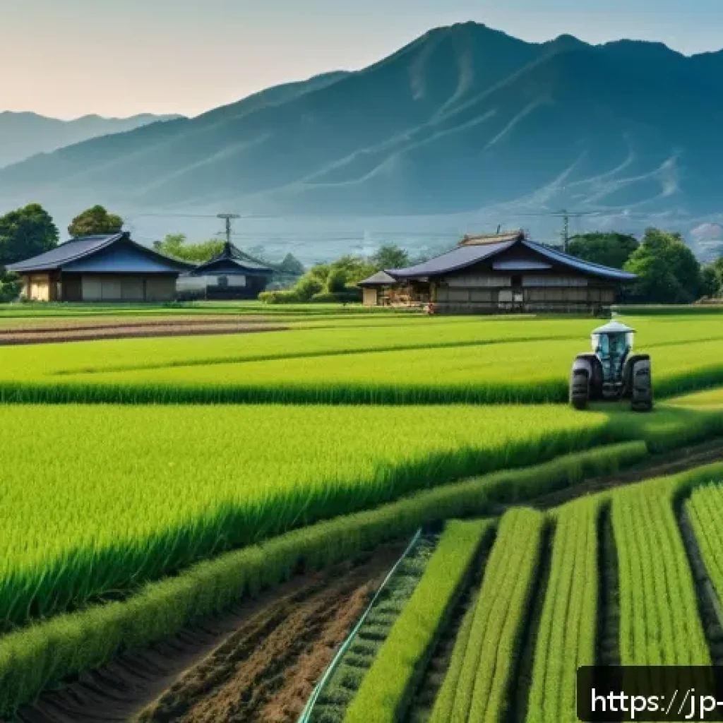 농업기술 분야 정부 지원 프로그램 - A modern Japanese smart farm scene showcasing a farmer operating a sleek smart tractor and a drone f...