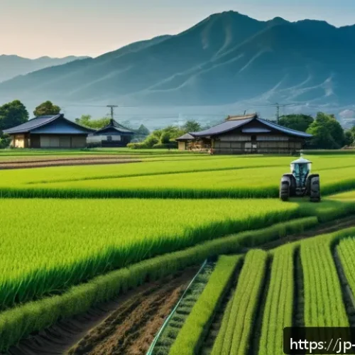 농업기술 분야 정부 지원 프로그램 - A modern Japanese smart farm scene showcasing a farmer operating a sleek smart tractor and a drone f...