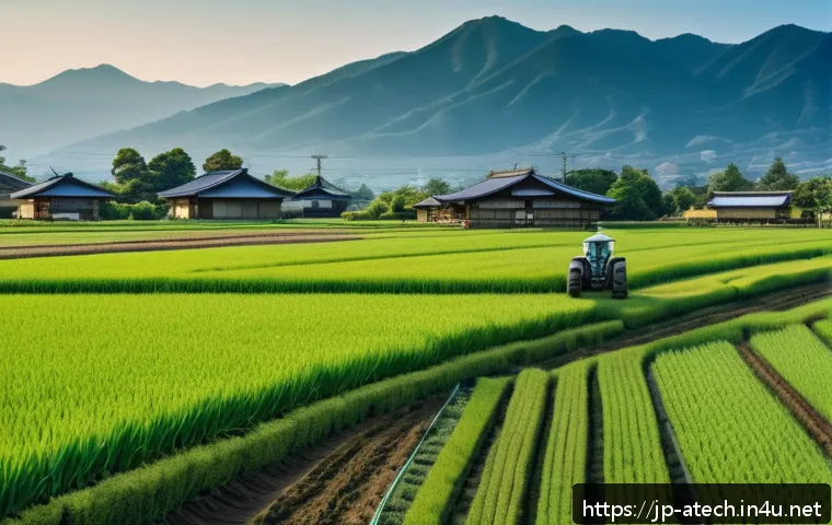 농업기술 분야 정부 지원 프로그램 - A modern Japanese smart farm scene showcasing a farmer operating a sleek smart tractor and a drone f...