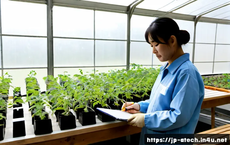 농업기술 연구와 실험 노트 작성법 - Photorealistic agricultural research scene in a modern Japanese greenhouse, a middle-aged researcher...