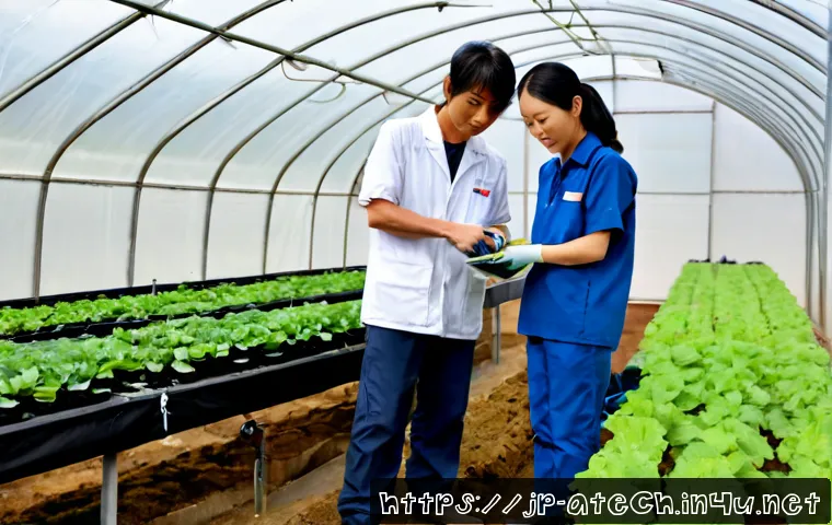 농업기술 실무 능력 향상 팁 - Photorealistic Japanese agricultural extension workshop in a modern greenhouse, an experienced farme...
